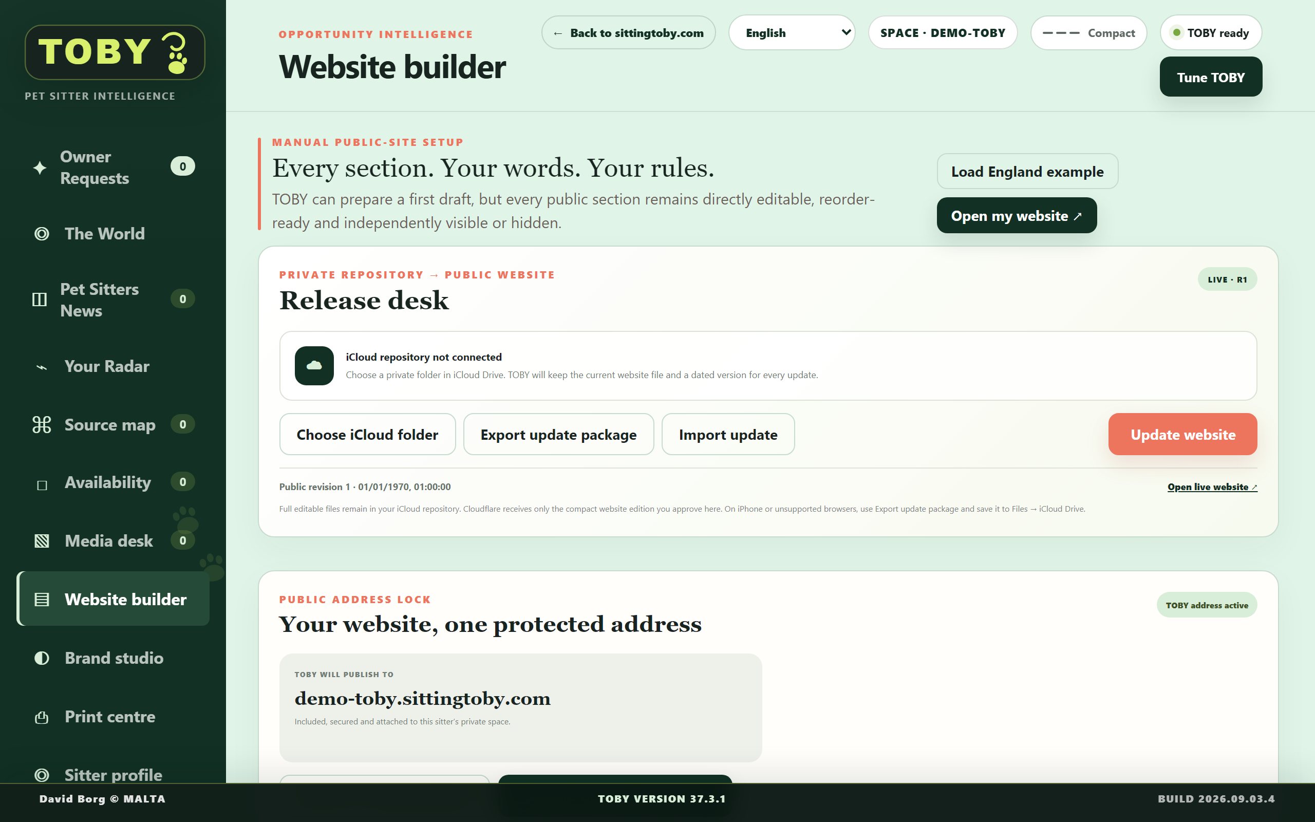 TOBY site screen
